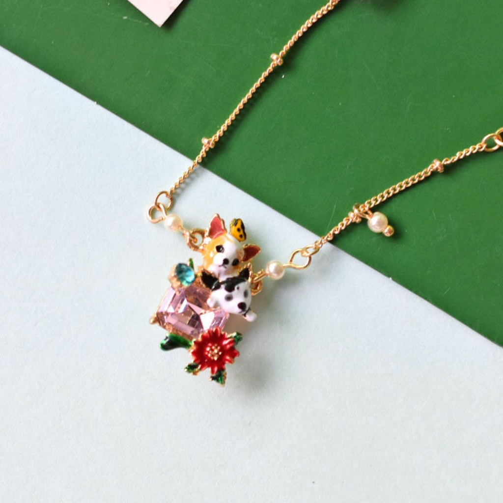 Cute Puppy Enamel Rhinestone Necklace Nwt-